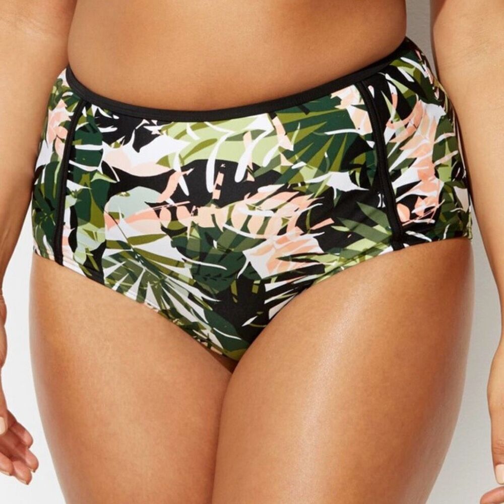 SWIMSUITS FOR ALL | High Waist‎ Piped Swim Brief Bottoms Camo Leaves | Size 22